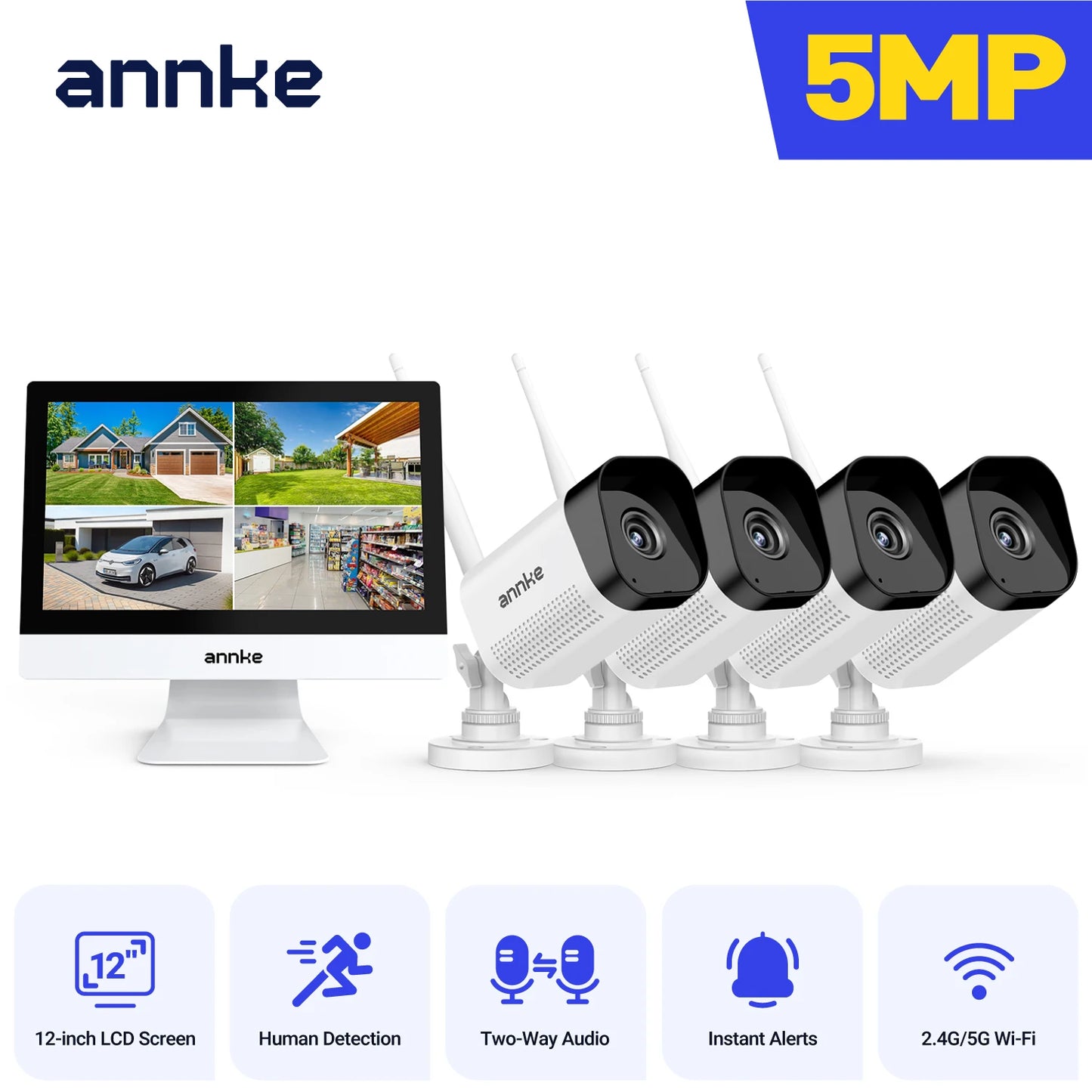Annke 8MP wifi security camera 12 in LCD 2.4G 5.8G 4k wireless camera system Two-way voice IR night vision Outdoor wifi camera