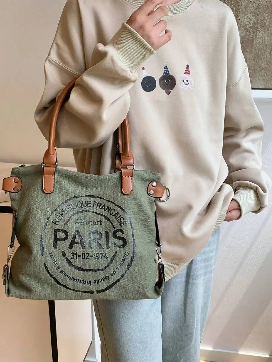 Large Capacity Casual Tote Handbag With Paris Print, Versatile Crossbody Bag For Women