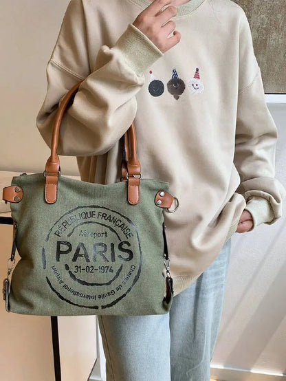 Large Capacity Casual Tote Handbag With Paris Print, Versatile Crossbody Bag For Women