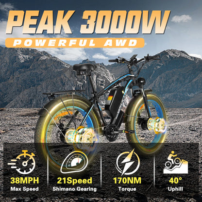 BAOLUJIE 2602 Ebike Peak 3000W Dual Motor Electric Bike 38MPH Electric Bicycle 26”*4” Fat Tire Mountain Bike for Adults off-road