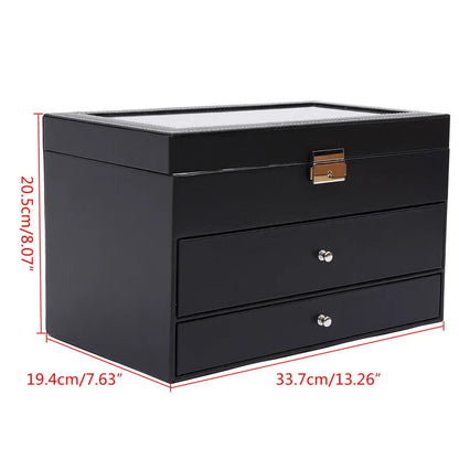 3 Layer Black Leather Watch And Eyeglasses&Sunglasses Box With Jewelry Display Drawer Metal Buckle Case Organizer