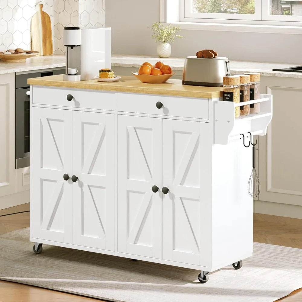 USA Shipping Kitchen Island with Power Outlet 43.3 Rolling Kitchen Island with Storage Rolling Cart with Spice Rack and Hooks