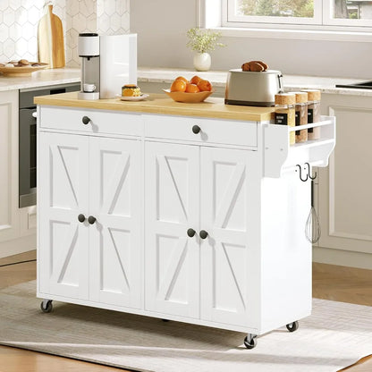 USA Shipping Kitchen Island with Power Outlet 43.3 Rolling Kitchen Island with Storage Rolling Cart with Spice Rack and Hooks