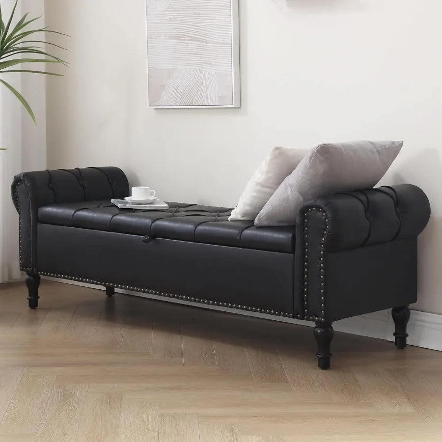 Hign-concerned Leather Storage Bench Ottoman With Tufted Arms Modern LivingRoomElegance
