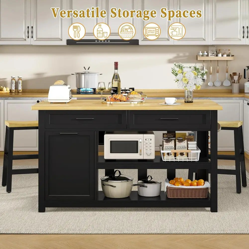 47 Solid Rubberwood Kitchen Island with Storage, Seating for 2, Trash Bin, Power Outlet, and Open Shelves in Black