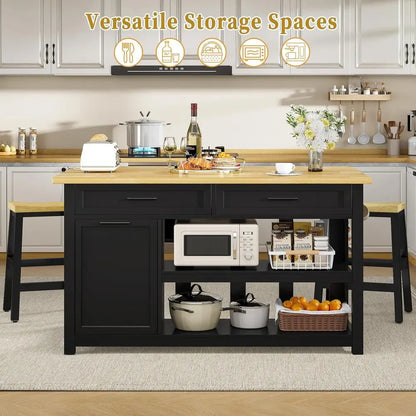 47 Solid Rubberwood Kitchen Island with Storage, Seating for 2, Trash Bin, Power Outlet, and Open Shelves in Black