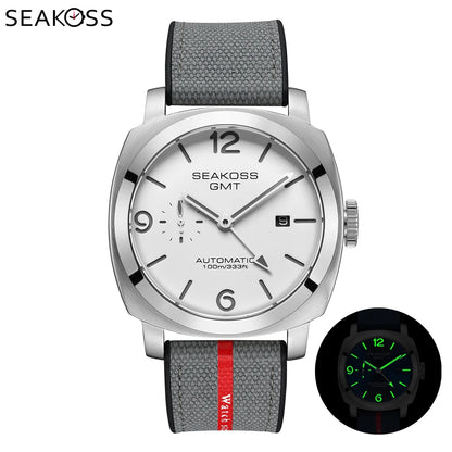 SEAKOSS Men GMT Automatic Mechanical Watches Super Luminous Calendar Original Seagull ST2557 Movement Nylon Rubber Wristwatches