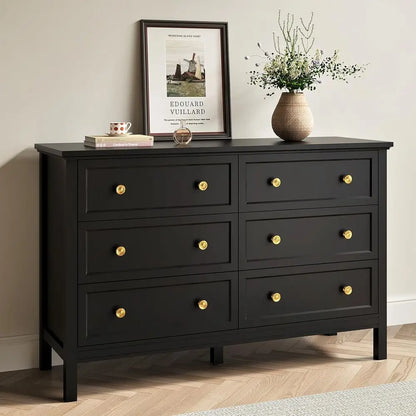 Elegant 6-Drawer Double Dresser with Deep Drawers and Metal Handles, Wood Dressers & Chests for Bedroom and Hallway Storage