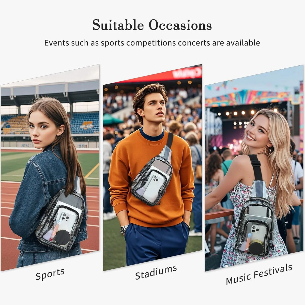 Clear PVC Stadium Sling Crossbody Bag Adjustable Shoulder Pack For Concerts