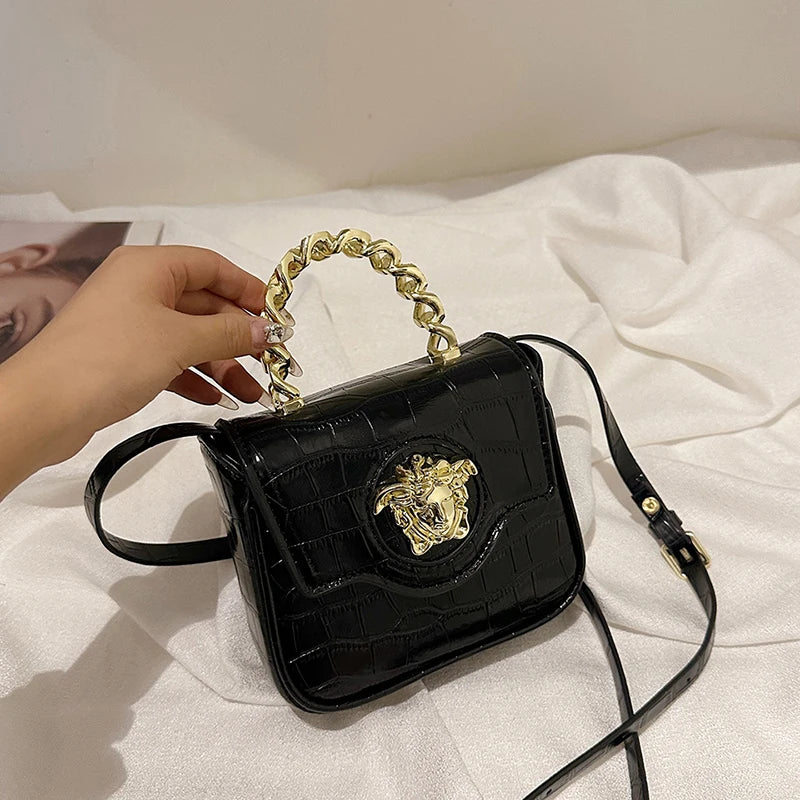 Mini Croc-Texture Crossbody Bag Gilded Medusa Logo PU Flap Magnetic Closure Chain Handle + Adjustable Strap for Daily Use