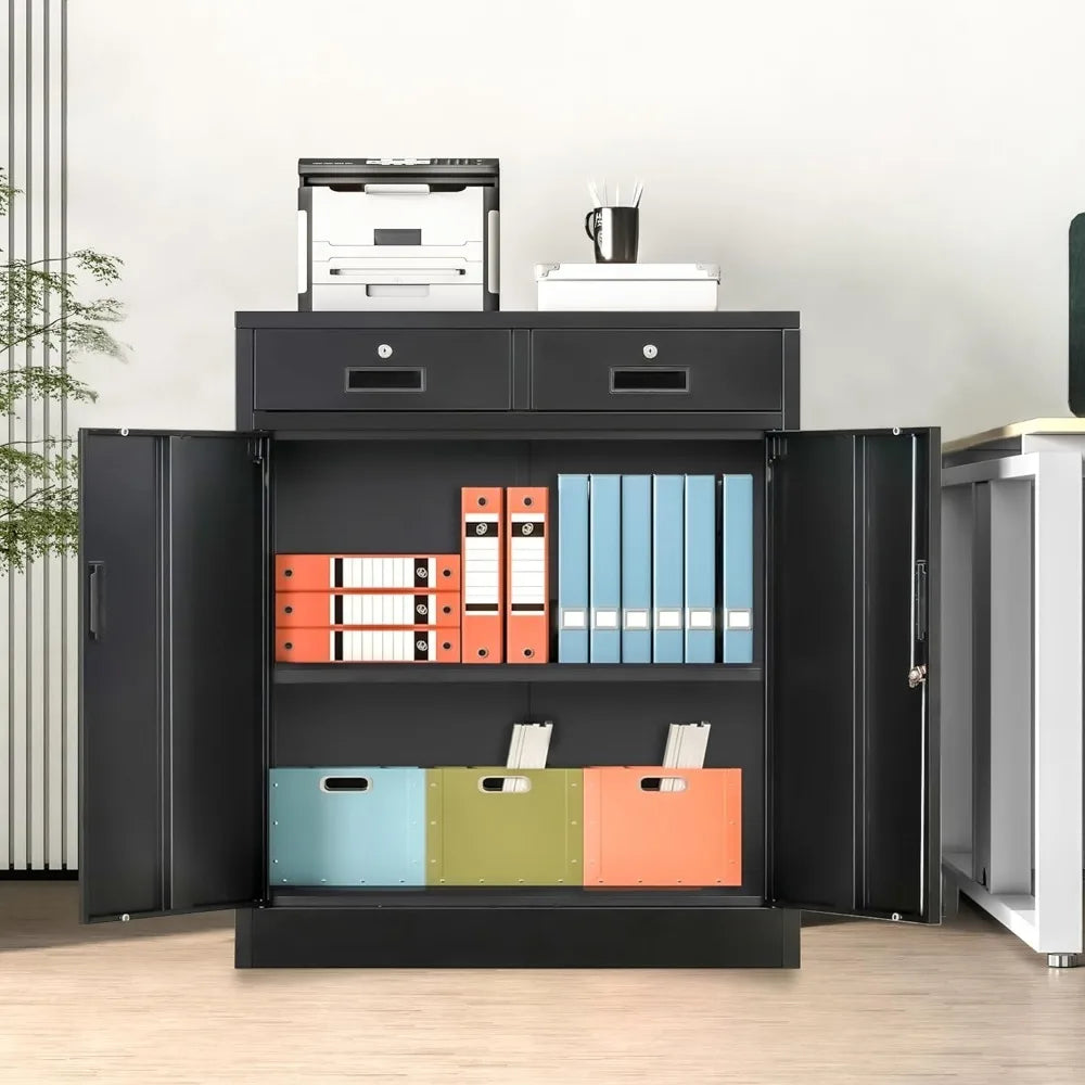 Metal Locking Storage Cabinet With Drawers And Adjustable Shelf