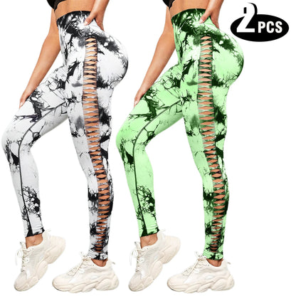 Women 2 Pack Tie Dye Hollow Out Side Leggings High Waist Butt Lifting Stretch Fitness Sports Pants