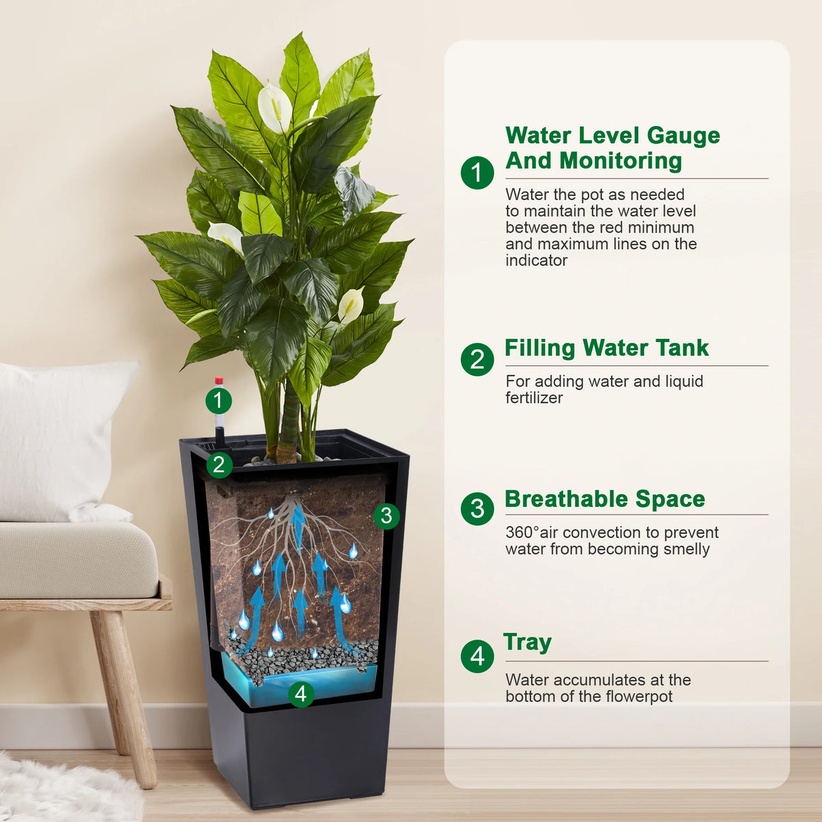 Self Watering Planter Set With Drainage And Water Level Monitor