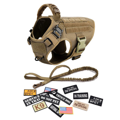 Tactical dog harness with leash and assorted service dog patches on white background
