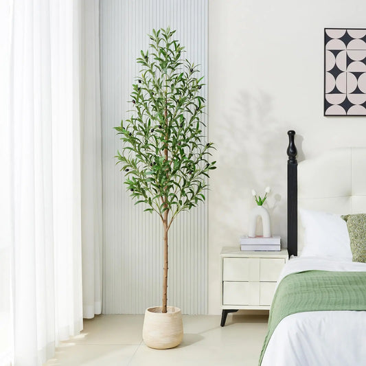 6FT Artificial Olive Tree Indoor – Real Wood Trunk Tall Faux Olive Tree, Large Fake Potted Plant for Home Decor Living Room& Office Decor