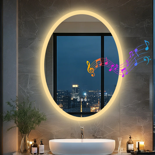 LED Oval Vanity Mirror With Bluetooth Speakers Anti Fog Dimmable