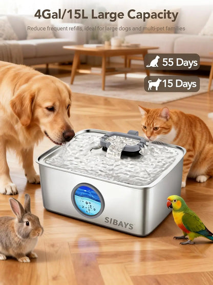 Large 4Gal/15L Stainless Steel Dog Water Fountain with LED Light, Quiet Automatic Dispenser for Multi-Pet Homes, Easy Clean
