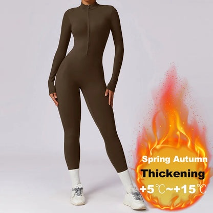 Zipper Yoga Jumpsuits for Women Winter Fleece Jumpsuit Longsleeve Sport Overalls Fitness One-Piece Suit Gym Workout Tracksuit