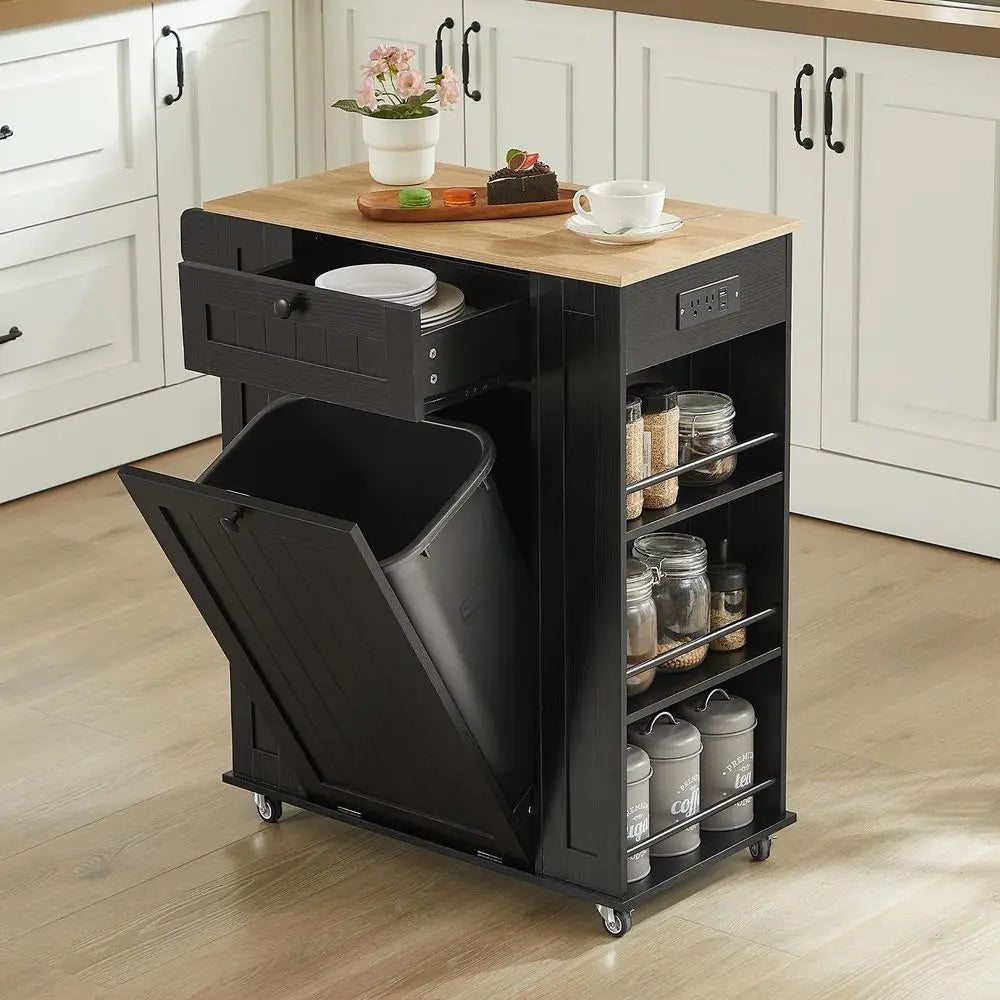 35 Kitchen Island with Trash Can Cabinet amp Power Outlet, Rolling Kitchen Cart with Storage Drawer, 6Tier Spice Rack, Portable