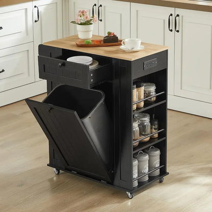 35 Kitchen Island with Trash Can Cabinet amp Power Outlet, Rolling Kitchen Cart with Storage Drawer, 6Tier Spice Rack, Portable