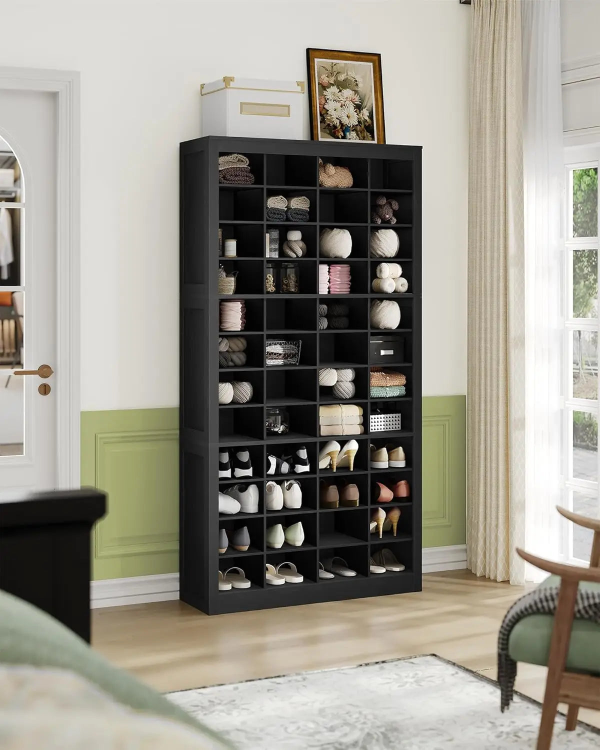 48 Pair 12 Tier Wooden Shoe Storage Cabinet Freestanding Vertical Organizer for Entryway Space Saving
