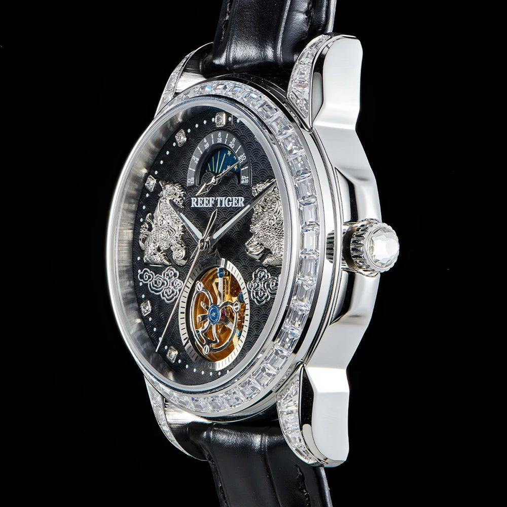 Reef Tiger Men's Automatic Mechanical Watch Leather Band Stainless Steel
