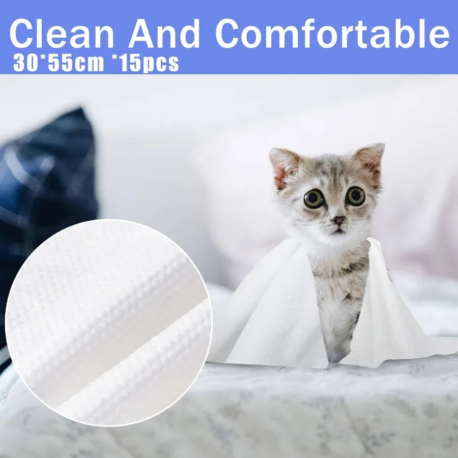 15 PCS Disposable Pet Bath Towels 11.8 x 21.6 Inch Portable Pet Grooming Towels for Small Dogs Puppies and Cats Absorbent Conve