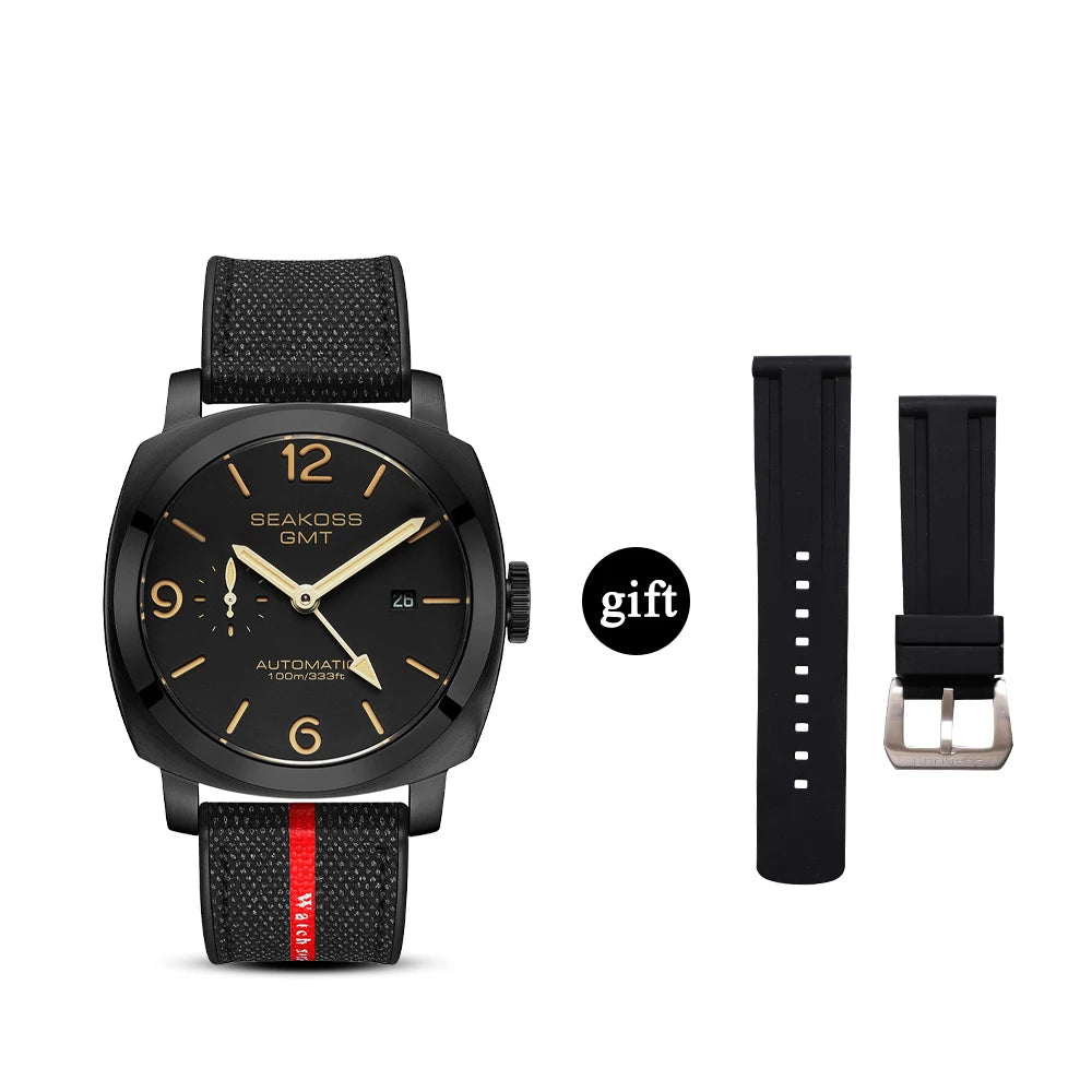 SEAKOSS Men GMT Automatic Mechanical Watches Super Luminous Calendar Original Seagull ST2557 Movement Nylon Rubber Wristwatches