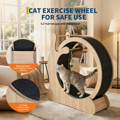 85cm/95cm Large Cat Treadmill for Indoor Cats, Wooden Cat Exercise Wheel with Detachable Carpet & Scratching Board,Playing Toy