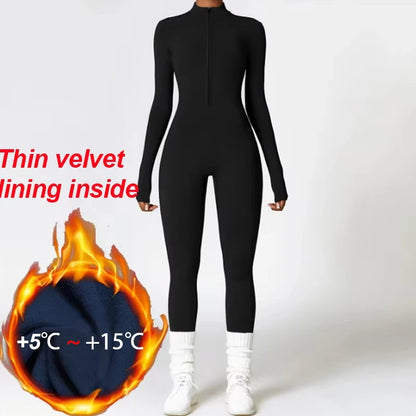 Winter Plush Yoga Jumpsuits Warm Women's Tracksuits Ski Fitness Overalls Long Sleeves Cycling Bodysuit One-Piece GYM Sports Suit