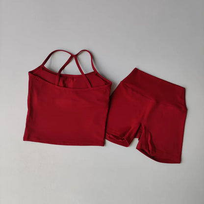 Yoga Gym Set Halter Top Set Yoga High Waist Shorts Set Backless Tights Bra Vest Seamless Stretch Ribbed Buttocks Lift Shorts Set