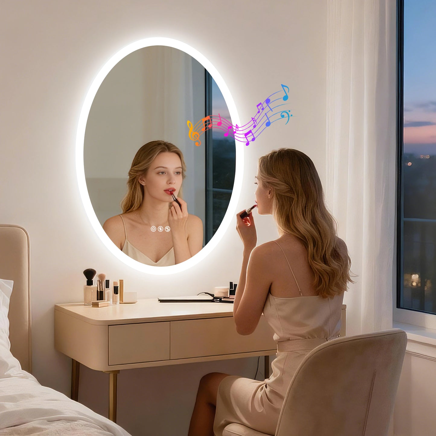 LED Oval Vanity Mirror With Bluetooth Speakers Anti Fog Dimmable