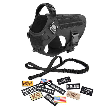 Black tactical dog harness with handle, leash, and assorted training patches for pets.