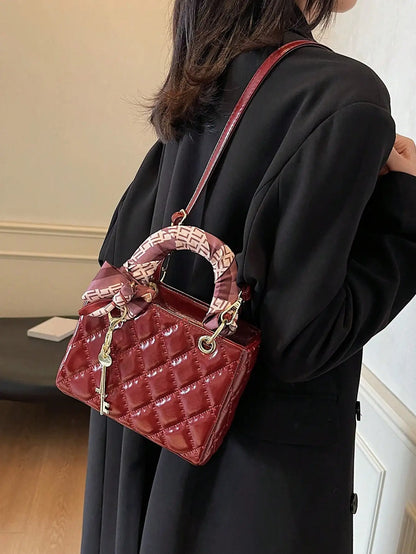 High-Quality Quilted Small Square Bag - Silk Scarf &Key Pendant,Niche Elegant Ladies Crossbody,Ideal for Dating/Gifting/Shopping