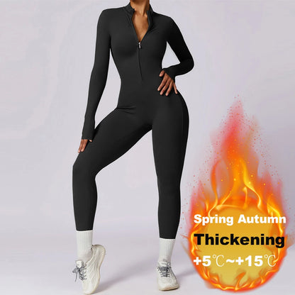 Zipper Yoga Jumpsuits for Women Winter Fleece Jumpsuit Longsleeve Sport Overalls Fitness One-Piece Suit Gym Workout Tracksuit