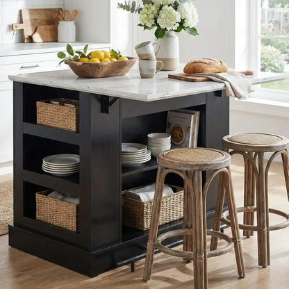 Spacious Kitchen Island with Storage, Power Outlet, Adjustable Shelves, Side Cabinets, Drop Leaf, and Bar Seating in Black