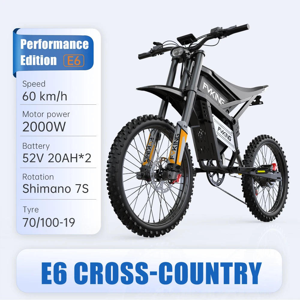 FVKING E6 adult electric bicycle 2000W peak motor, equipped with 2 52V35AH batteries, off-road electric motorcycle speed 60km/H