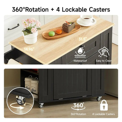 35 Kitchen Island with Trash Can Cabinet amp Power Outlet, Rolling Kitchen Cart with Storage Drawer, 6Tier Spice Rack, Portable