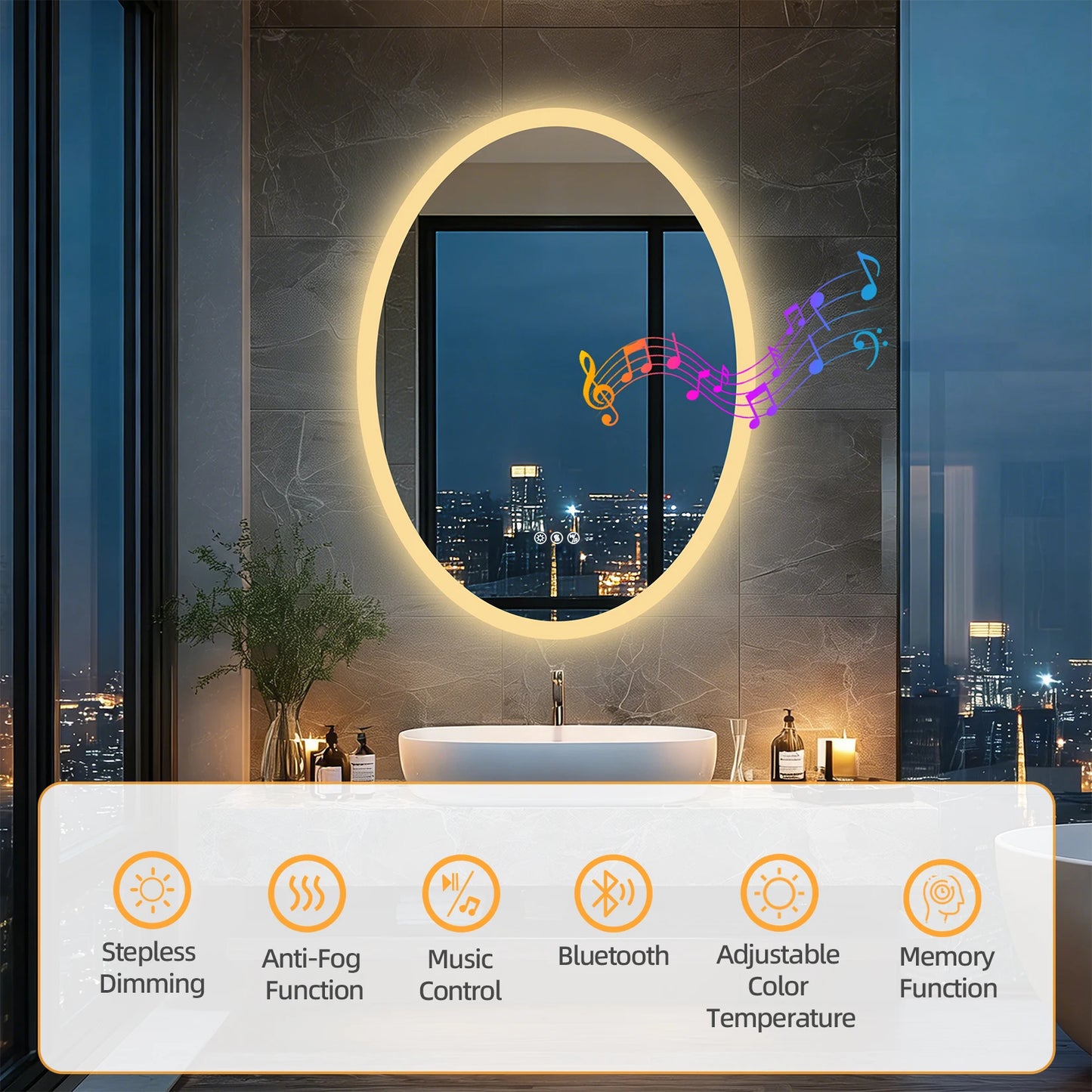 LED Oval Vanity Mirror With Bluetooth Speakers Anti Fog Dimmable