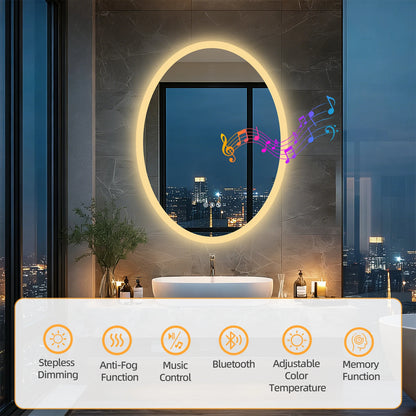 LED Oval Vanity Mirror With Bluetooth Speakers Anti Fog Dimmable