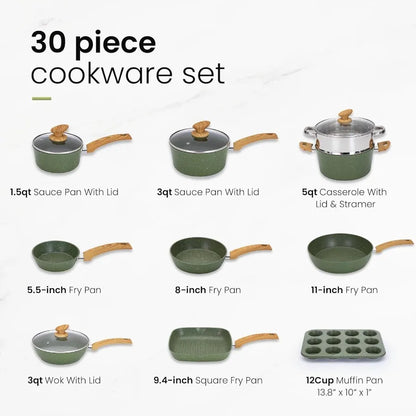 Pots and Pans Set Nonstick 30 Pieces Induction Kitchen Cookware and Bakeware Sets Green Granite Coating Cooking Pans Set