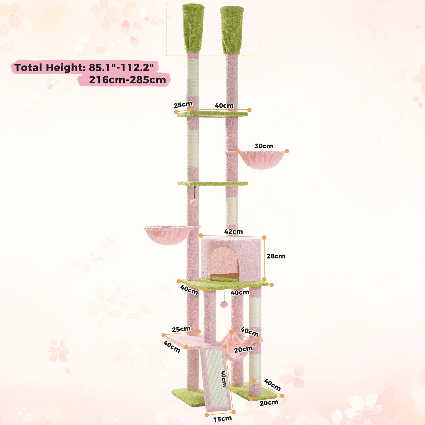 Floor to Ceiling Cat Tree with Sisal Scratching Posts Cozy Condo Hammock Adjustable Height Tall Cat Tower for Indoor Cat Toys