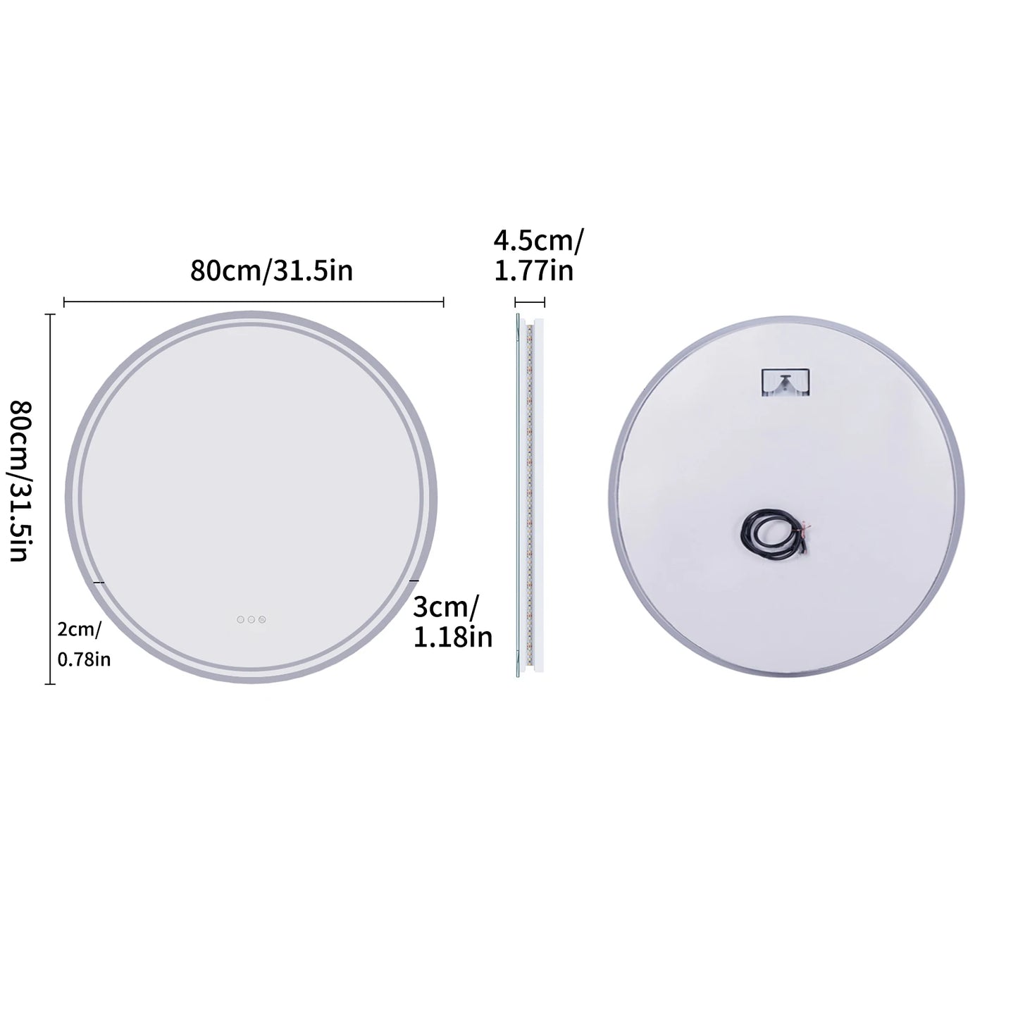 LUVODI Round Bathroom Mirror With Touch Sensor Anti Fog LED Light Dimmable