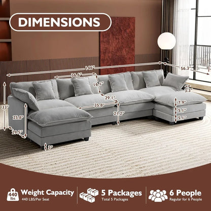 U-Shaped Modern Sofa Modular Sectional Cloud Couch with 2 Ottoman, 6-Seat Chenille Deep Seat Sofa with 6 Pillows for Living Room