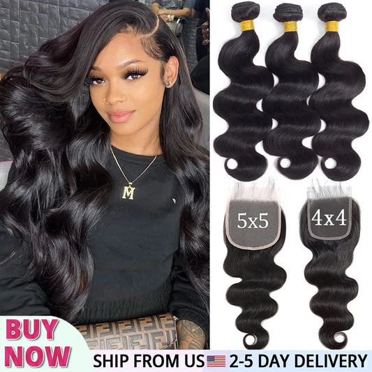 Body Wave Bundles Human Hair With Closure Brazilian Weaving 3 4 Bundles With 4x4 5x5 Lace Closure Virgin Hair Raw Hair Extension