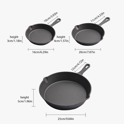 3PCS Cast Iron Skillet Non-Stick Pancake Steak Frying Pan Mini Meat Egg Skillet Home Flat Bottom Pan Cookware Oil Splatter Pot