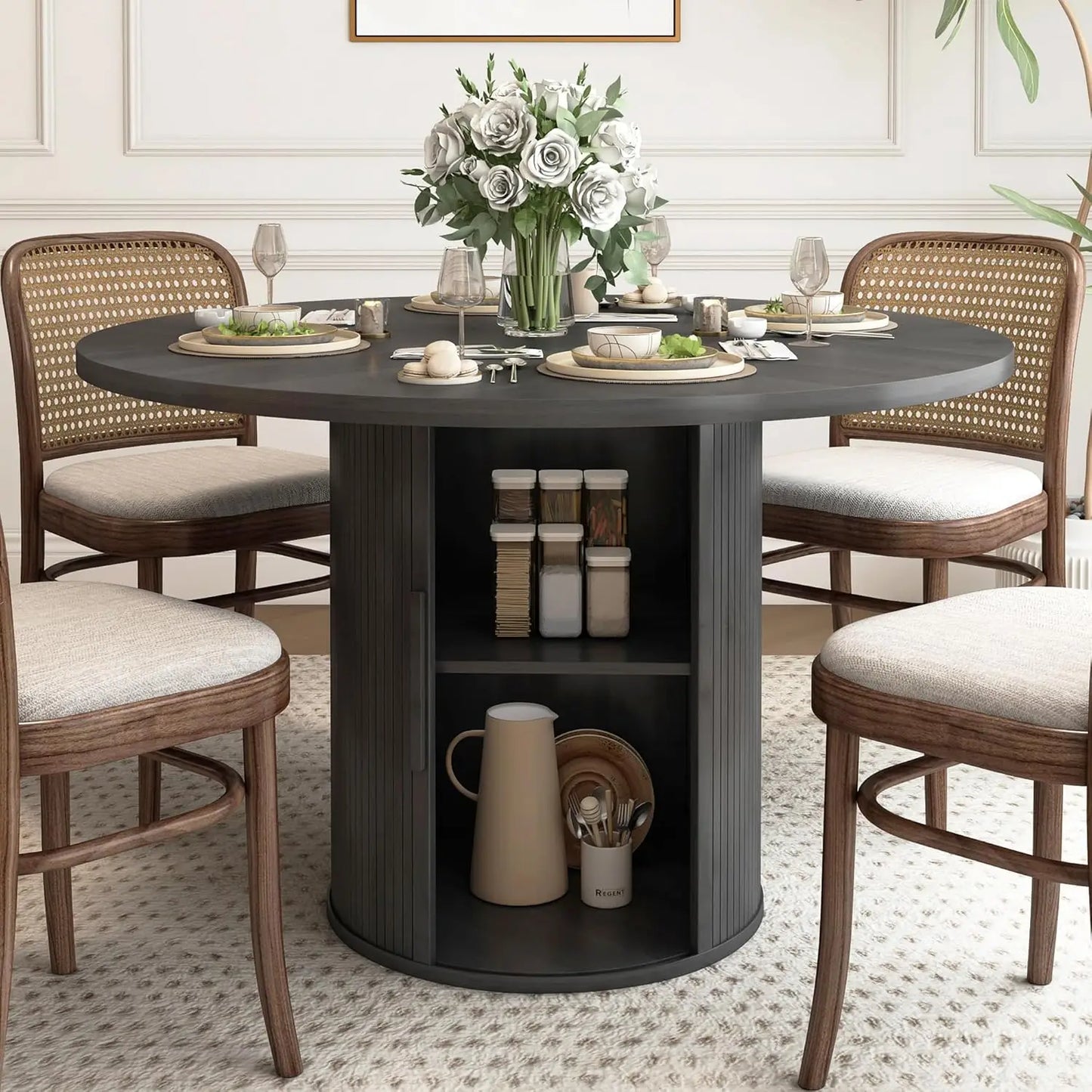 XMSJ Round Dining Table For 4 With Hidden Storage Unit