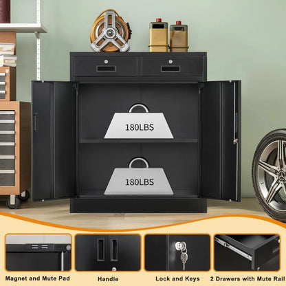 Metal Locking Storage Cabinet With Drawers And Adjustable Shelf
