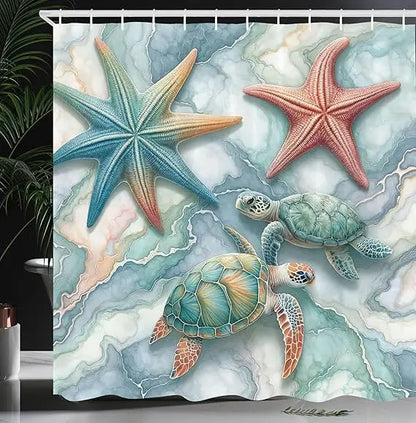 Marble Starfish Sea Turtle Shower Curtain Coastal Bath Decor