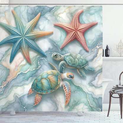 Marble Starfish Sea Turtle Shower Curtain Coastal Bath Decor